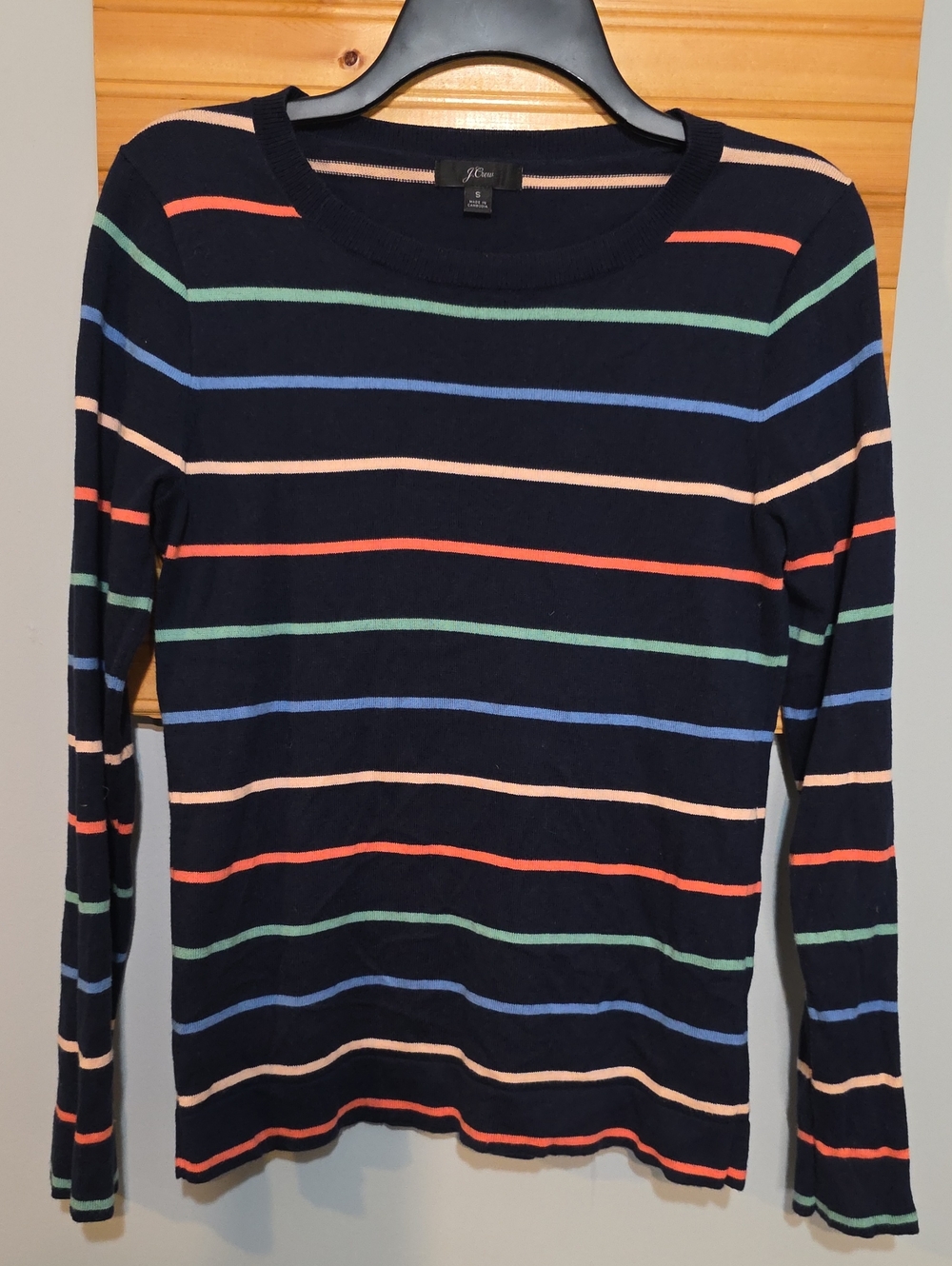 J.Crew Women's Navy Multicolor Striped Crewneck Sweater Small Coral Blue Mint